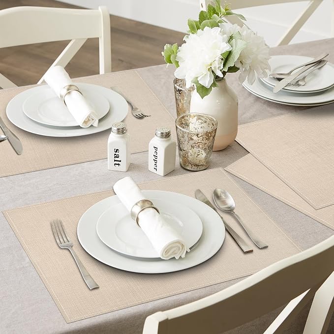 Beige White Placemats Set of 4, 12x18 Inch Washable Easy to Clean Heat-Resistant Anti-Skid Beige Placemats for Holiday Party Kitchen Dining Room Decoration