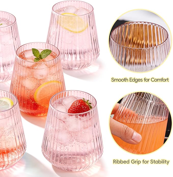 N9R 24PCS Pink Plastic Wine Glasses Disposable, 14 oz Cocktail & Spritz | Pink Clear Stemless Champagne/Whiskey/Drinking Cups, Fancy Origami Ripple, for Parties, Weddings, Pool and Bar