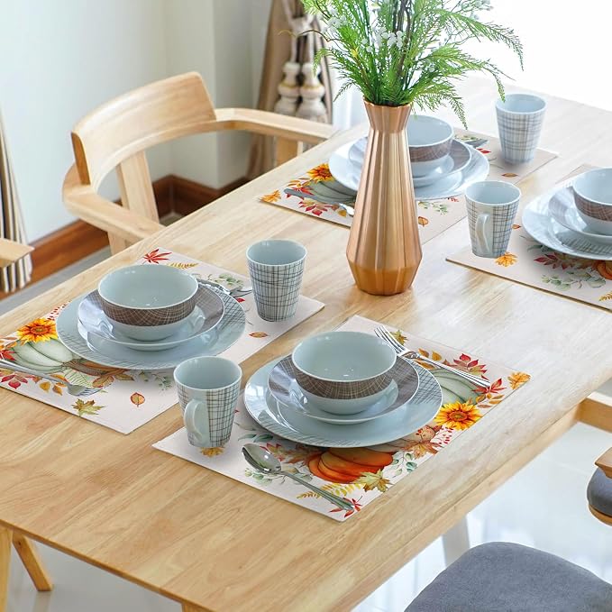 Pumpkins Maple Leaves Placemats Set of 4 Sunflowers Autumn Thanksgiving Table Mats 12 x 18 Inch Farmhouse Decoration for Party Dining Kitchen