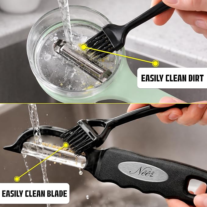 Swivel Vegetable Peeler + Fruit Peeler with Container & Cleaning Brush, Ultra Sharp Stainless Steel Blades, Ergonomic Soft Grip Handle, Multi-Purpose Peeling Knife for Potato, Carrot, Apple,3 pcs