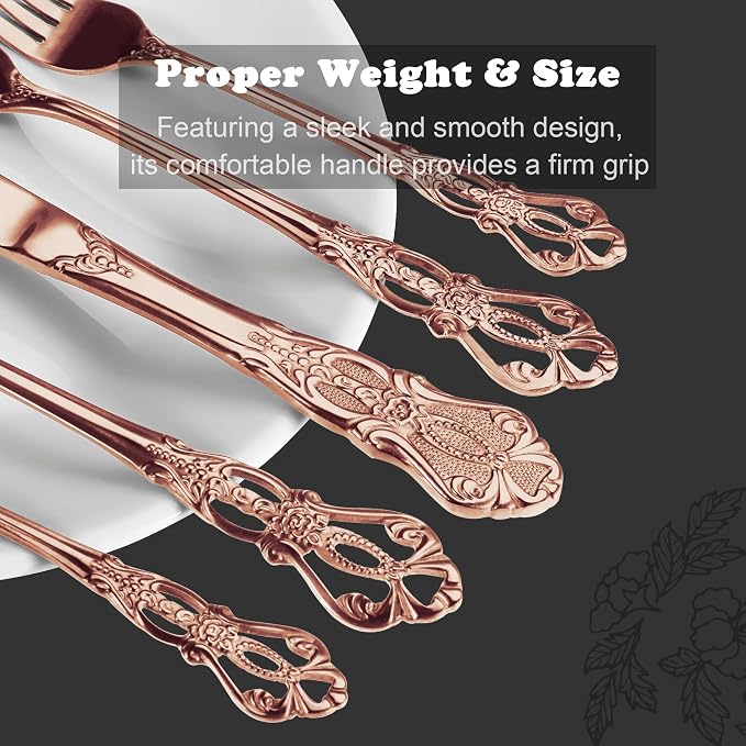 Runfly Gorgeous Retro Royal Rose Gold Stainless Steel 20-Piece Flatware Set | Silverware Set for 4, Anti-rust Cutlery Set Utensils Kitchen Including Fork Spoon and Knife
