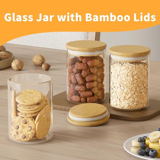 6Pcs 18oz Glass Storage Jars, Airtight Bamboo Lid Containers With Labels | Moisture Block Seal, Clear Visible Body, Moderate Volume, Cabinet Space Saving, Quick Category Marking