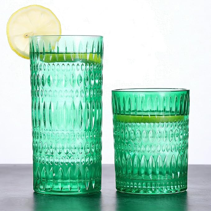 Loivttvv Glassware Drinking Glasses Set of 8, 14 oz Highball Glasses & 10 oz Ribbed Glass Cups, Vintage Glassware for Water, Juice, Cocktail, Whiskey (Dark Green)