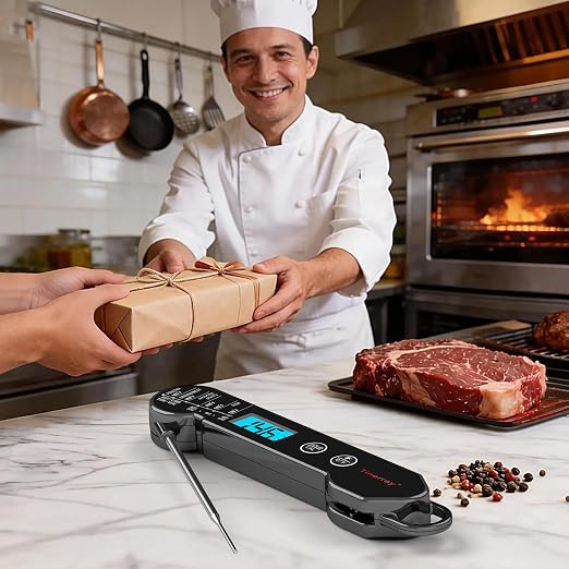 Professional Digital Meat Thermometer Instant Read Waterproof – Folding Probe Food Thermometer with Backlight & Calibration, Fast Read for BBQ, Grill, Deep Fry, Liquids, Gift for Chef (Black)