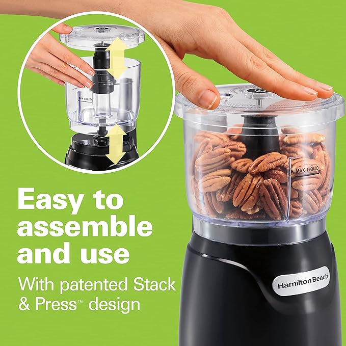 Hamilton Beach 3 Cup Electric Vegetable Chopper & Mini Food Processor | Simple Stack & Press Design | 350 Watts & Stainless Steel Blades For Dicing, Mincing & Puree | Dishwasher Safe | Black