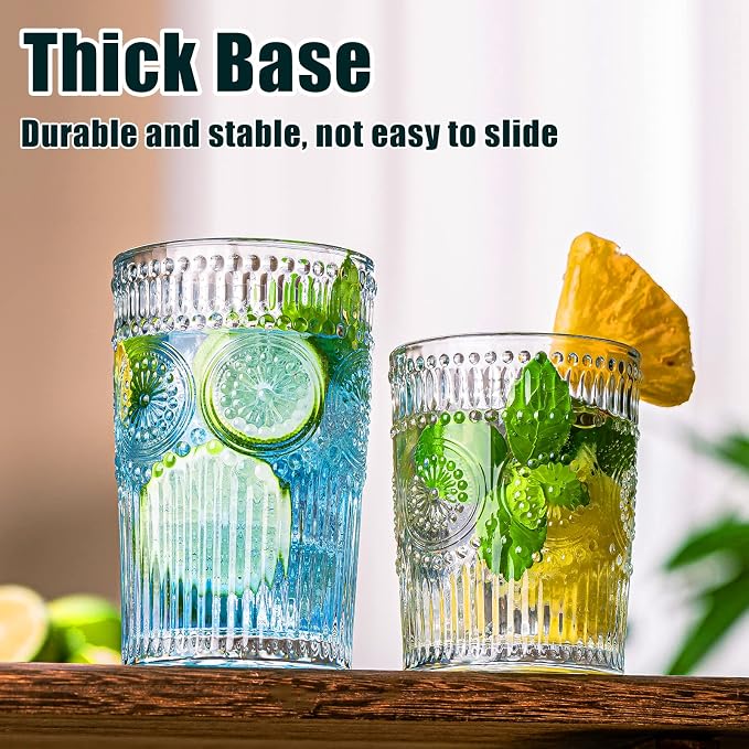 Vintage Drinking Glasses Set of 12, Textured Clear Striped Glass Cups-6 Highball Glasses 13oz & 6 Rocks Glasses 10oz, Ribbed Glassware Set, Mojito Cups, Cocktail Glass, Iced Coffee Cup