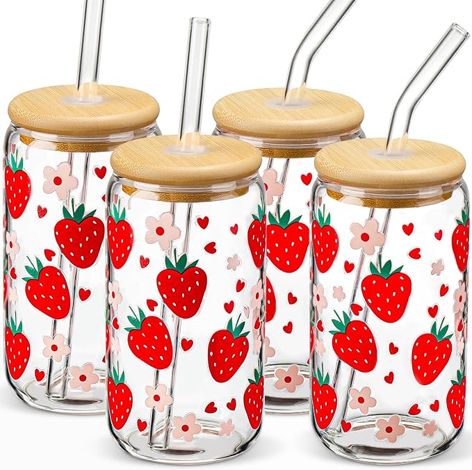 Glass Cups with Lids and Straws with Design Strawberry 4 pcs,Clear Glass Cups 16 oz-DWTS Drinking Glasses Set,Glass Tumbler,Cute Design Glass Iced Coffee Cups with Lids and Straws 480ml