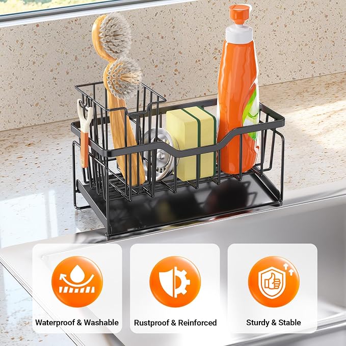 StorageRight Sponge Holder for Kitchen Sink, Stainless Sink Caddy Organizer | Rustproof Kitchen Sink Organizers with High Brush Holder & Self Drain Tray, Anti-Slip Kitchen Countertop Storage Essentials