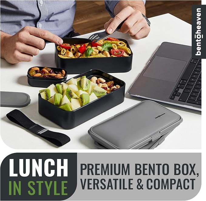 Bentoheaven Bento Box Adult, Stackable Lunch Box, 40 oz, Whispering Gray | BPA-free, leakproof and microwave-safe with 2 compartments, utensils, chopsticks, divider and sauce cup for men and women.