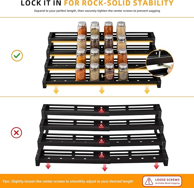 Spice Rack Organizer for Cabinet, 13-21.5" Expandable Spicy Shelf | 11.6" Depth 4-Tier Black Metal Seasoning Organizer, Kitchen Spice Organization, Slip-Resistant Guardrails for Jars and Cans