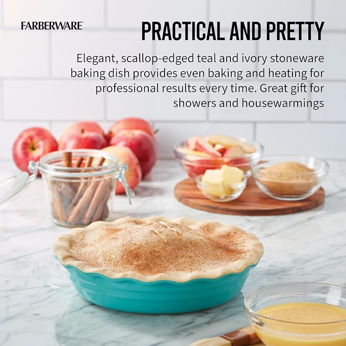 Farberware Bakers Advantage 10 Inch Ceramic Pie Dish - Two-Tone Teal and Ivory Stoneware Pie Pan with Scalloped Edge for Even Baking, Quiche, Casseroles
