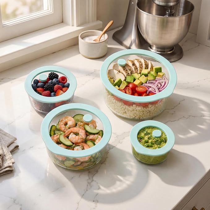 Glass Food Container Set with Glass Lid, 4 Pack, Meal Prep Containers with Silicone Framed Airtight Lid, Leakproof, 100% Plastic Free,