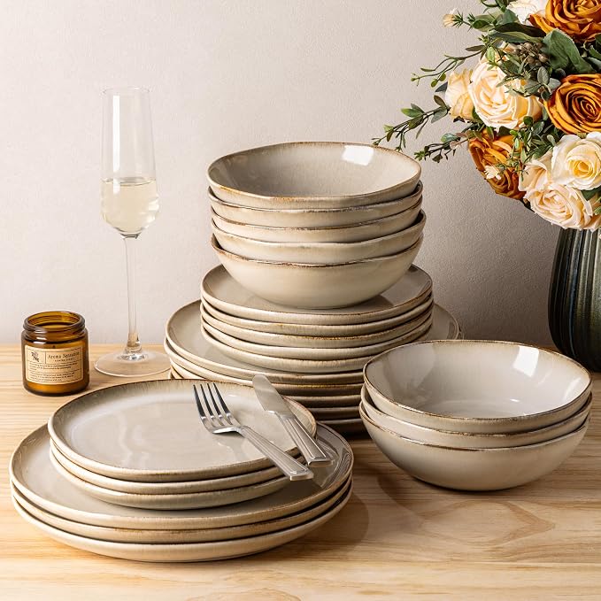 GBHOME Stoneware Dinnerware Sets for 8,24 Piece Rustic Plates and Bowls Set | Earthenware Handmade Reactive Glaze Plate Sets, Chip Resistant Ceramic Dishes, Microwave & Dishwasher Safe, Oatmeal Linen