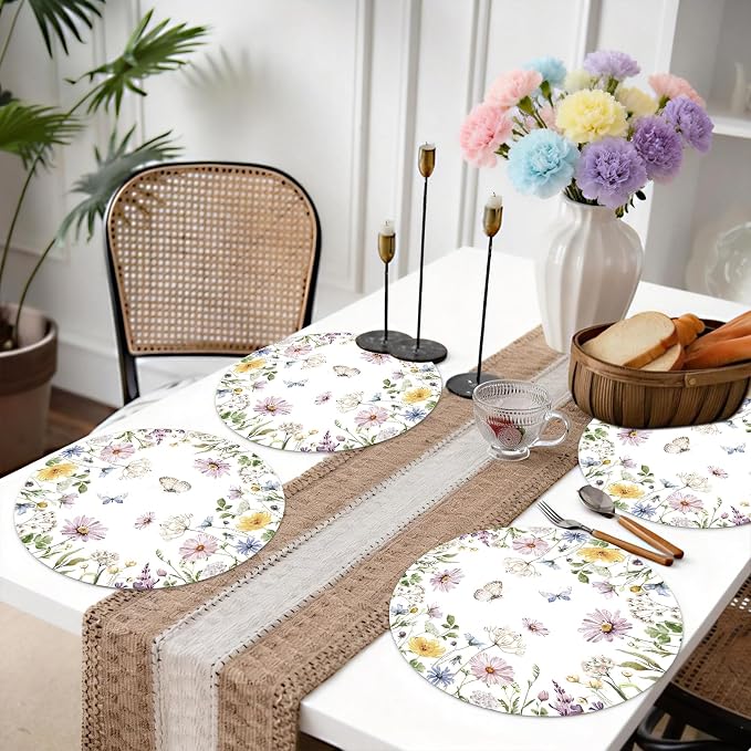 50PCS Floral Paper Placemats Disposable Table Mats, Elegant Flower Wreath Design, Summer Spring Wild Flowers Round Placemats Wedding/Brunch/Bride Party Supplies