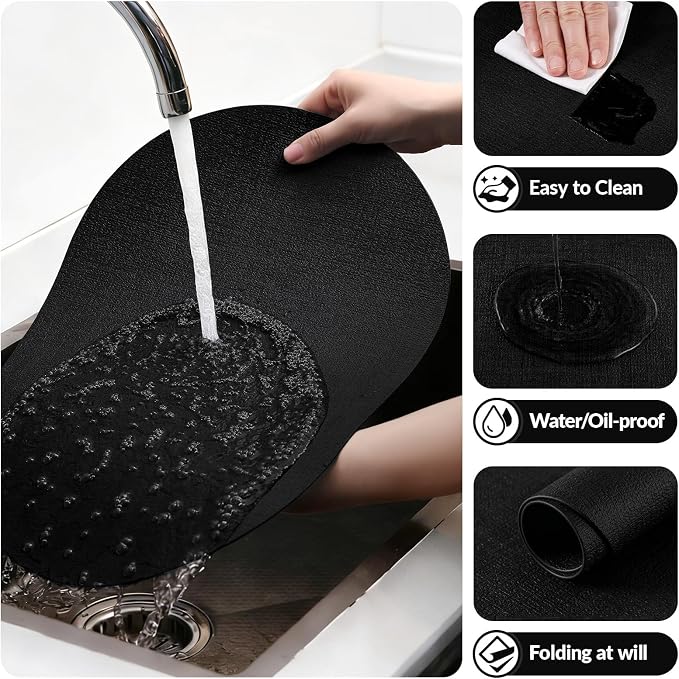 Placemats Set of 8, 11.8 x 17 Inch, Black | Heat Resistant Oval Faux Leather Place Mats, Waterproof Wipeable Reversible PU Placemat, Indoor & Outdoor