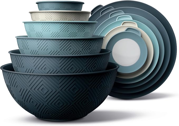 COOK WITH COLOR Mixing Bowls with Lids - 12 Piece Plastic Nesting Bowls Set includes 6 Prep Bowls and 6 Lids, Microwave Safe Mixing Bowl Set, Blue Rhombus