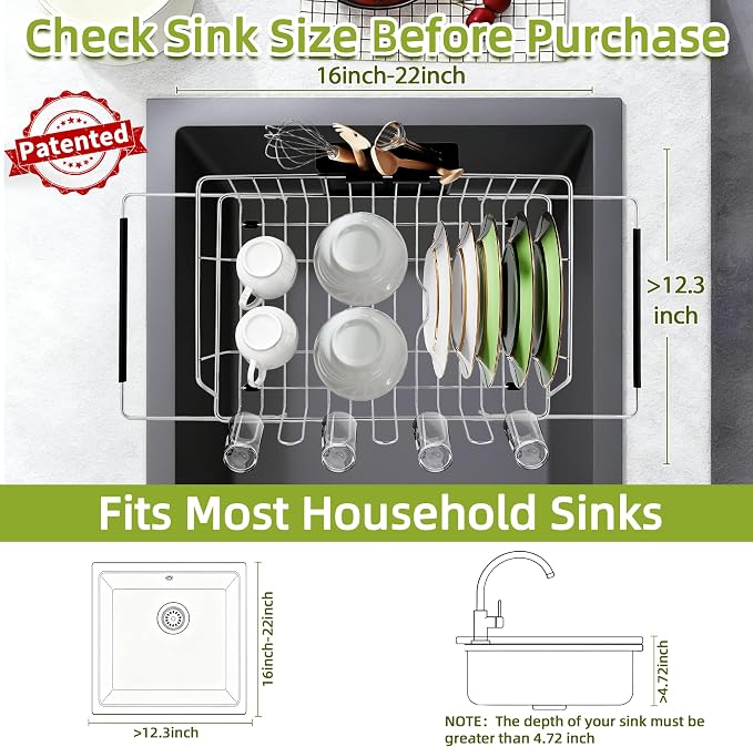 in Sink Expandable Dish Drying Rack with Silicone Mat-Extra Large Stainless Steel Dish Drainer Over The Sink with Utensil Holder, Applicable for Sink Width 16'-22' (Silver,23.2'*12.2')