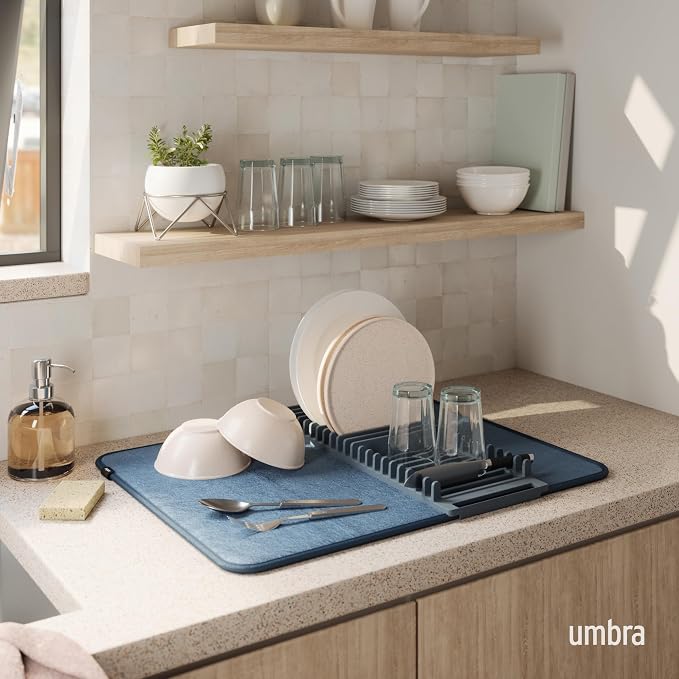 Umbra Udry Dish Rack and Microfiber Drying Mat – Space-Saving Design Folds Up for Easy Storage, Basic Rack, Slate Blue | Protects countertop, BPA-free, recycled plastic construction