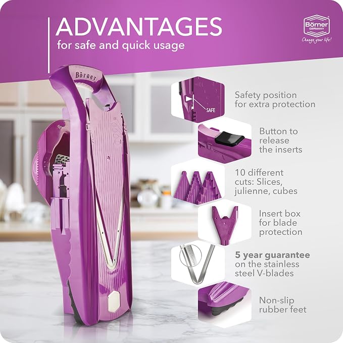 Mandoline Food Slicer Börner V5 (Starter Set) by Reston Lloyd • V-Slicer with Food Holder • Made in Germany • Fruit & Vegetable Chopper • Multiple Settings • Color: Purple