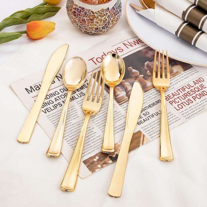 120 Pack Gold Plastic Silverware Wrapped Cutlery Set with Napkin | Heavy Duty Pre Rolled Disposable Gold Utensils Wrapped Flatware Cutlery Set for Wedding, Party & Catering