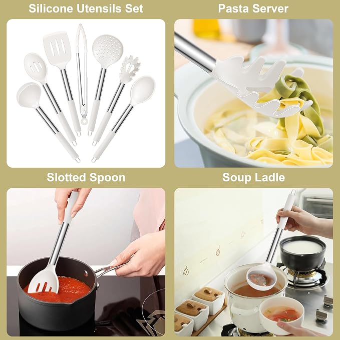 E-far Silicone Cooking Utensils Set, 7-Piece White Kitchen Utensils Set | Heat Resistant Nonstick Cookware with Stainless Steel Handle, Slotted Turner, Spoon, Soup Ladle, Pasta Server, Skimmer, Tongs