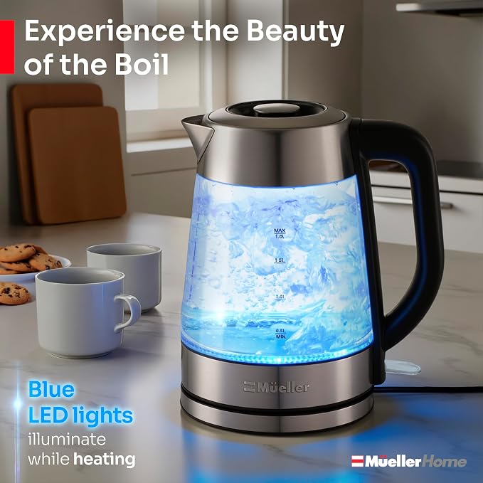 MUELLER HOME Rapid Boil Electric Tea Kettle 1.8L, BPA-Free Hot Water Boiler | Borosilicate Glass & Stainless Steel, LED Light, Auto Shut-Off, Boil Dry Protection Fast Water Heater, Kitchen Appliances