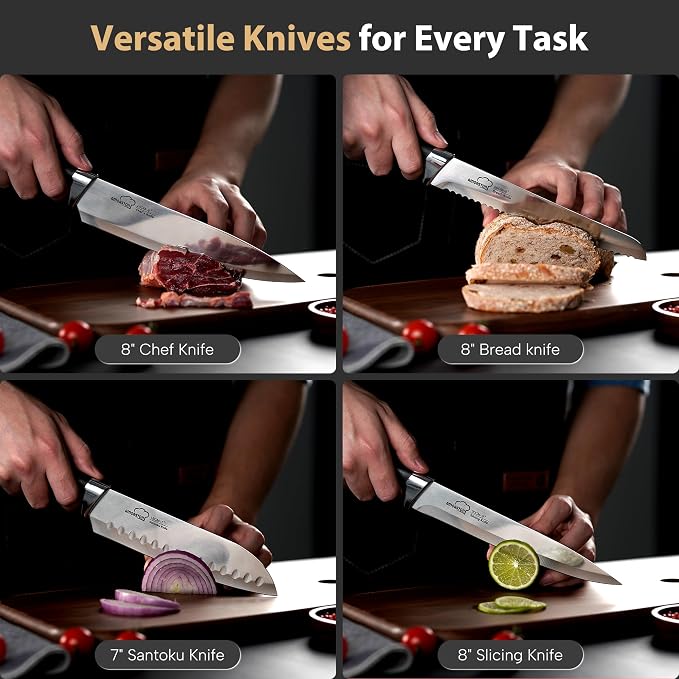 Knife Set, Amorston 14-Piece Kitchen Knives Set with Block & Sharpening Stone, Stainless Steel Dishwasher Safe, Knife Block Set with Ergonomic Handle, Professional Kitchen Knives for Home Cooking