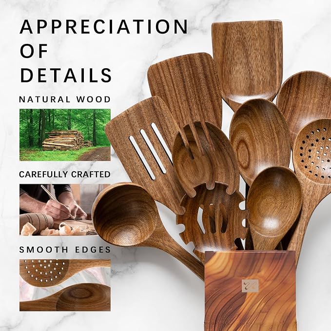 Wooden Spoons for Cooking, 10-Piece Acacia Wood Cooking Utensil Set | Spoons and spatulas stir, mix, flip and serve; balanced handles offer control while staying gentle on nonstick cookware.