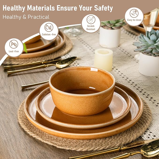 GBHOME Dinnerware Sets for 6, 18 Pieces Ceramic Plates and Bowls Set | Scratch Resistant Stoneware Dishes Set, Dishwasher & Microwave Safe, Reactive Glaze-Amber