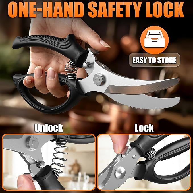 Poultry Shears Heavy Duty, Stainless Steel, 9.4 In, Safety Lock | Spring Loaded Bone Cutting Scissors with Serrated Edge that Grips Joints; Turkey, Poultry & Chicken Shears for Spatchcock