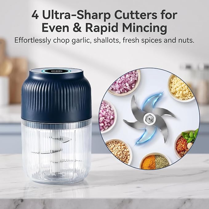 Electric Garlic Chopper, Mini Portable Veggie Chopper Garlic Mincer Onion Chopper, Rechargeable Cordless Food Processor & Food Chopper for Ginger Chili Nut Meat Vegetables, 400ml (Blue)