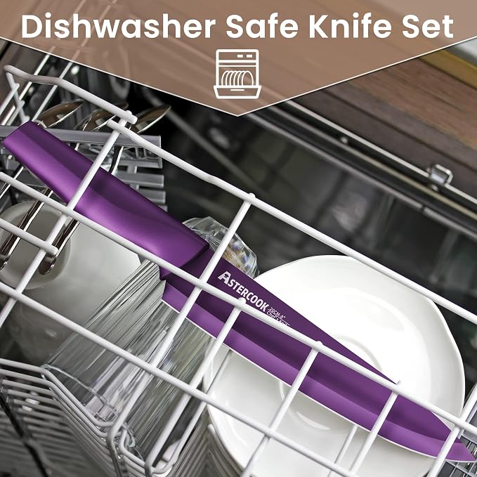 Astercook Knife Set, 12 Pcs Color-Coded Kitchen Knives Set, 6 Color Anti-Rust Coating Stainless Steel Chef Knife Sets with 6 Blade Guards Dishwasher Safe Fathers Day Gift for Men