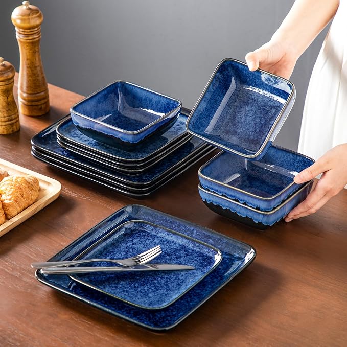 vancasso Stern Square Stoneware Dinnerware Set for 4, 12-Piece Dish Set | Blue Reactive Glaze Plates and Bowls Set, Chip and Scratch Resistant, Microwave & Dishwasher Safe