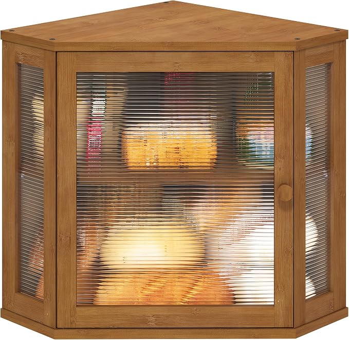 viewcare Corner Bread Box for Kitchen Counter, Bamboo Wood Large Capacity Bread Storage Bin with Acrylic Wavy Door Panel (Brown, Meduim)