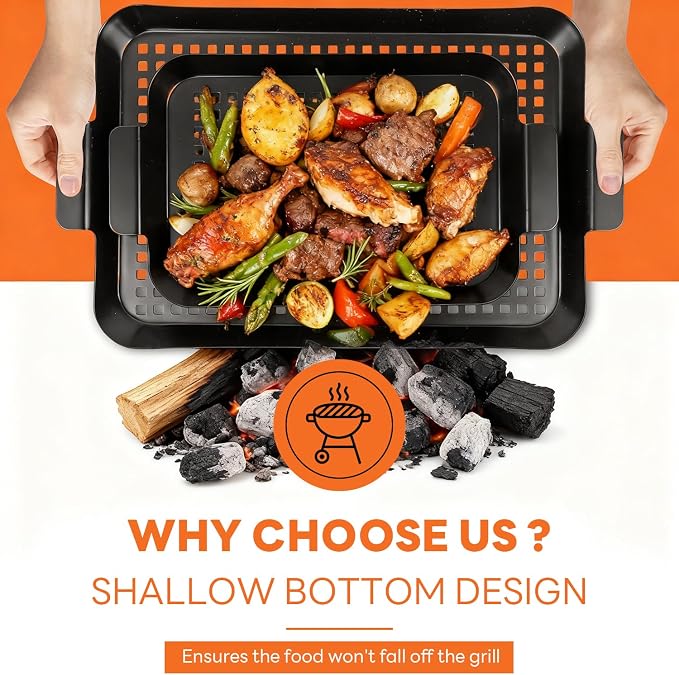 2PCS Grill pan: Grill topper for outdoor grill - Non-stick enamel coating grill topper suitable for camping, picnic, party