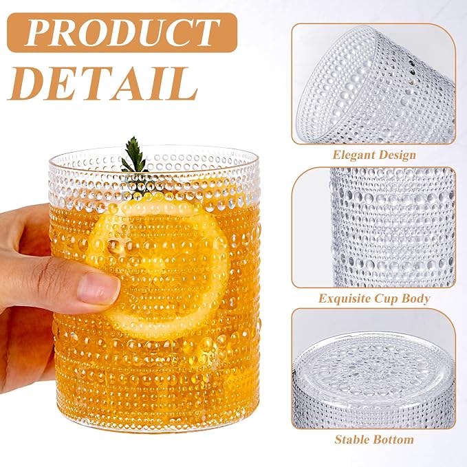 18PCS Plastic Hobnail Drinking Glasses - 14 Oz Clear Vintage Glasses Drinkware - Disposable Beaded Cups for Beer, Whiskey, Juice, Cocktail, Wine, Party (Pack of 2)