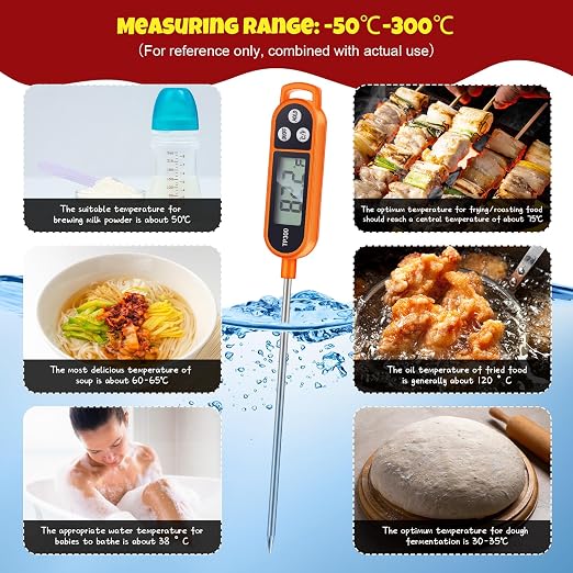 Instant Read Meat Thermometer with Long Probe 9.65 Inch Kitchen Cooking Food Candy Waterproof Digital Thermometer for BBQ Water Milk Yogurt Liquid(Orange,6 Pcs)