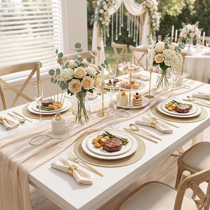 SUT 150PCS Gold Plastic Silverware Set, Heavy Duty Disposable Cutlery for Party,Includes 50 Forks, 50 Spoons and 50 Knives, Elegant Plastic Flatware for Wedding, Birthday and Catering
