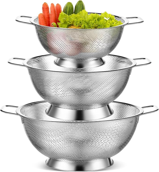 3 Pcs Stainless Steel Colander Set Colander Bowl and Sieves 1/3/5 Quart Metal Mesh Strainer Net Basket with Handles Food Spaghetti Strainer for Kitchen Draining Pasta Rinsing(Silver)