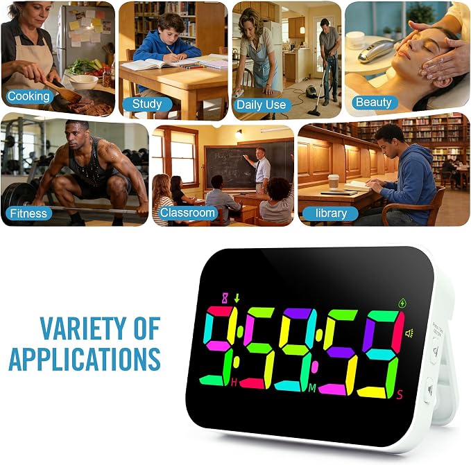 Kitchen Digital RGB Timer, Count Down Up, Rechargeable, Vibration Mode Adjustable Volume and Brightness LED Display, Time Management Cook