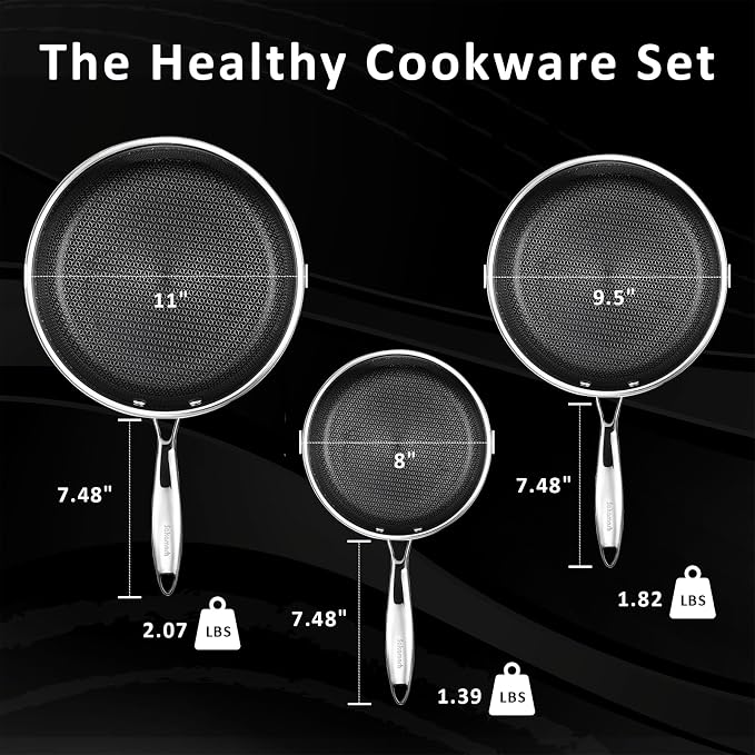 SAKAMOSH 8" 9.5" 11" Hybrid Nonstick Frying Pan Set, Stainless Steel | PFAS/PFOA/PTFE-Free Ceramic Pan, Dishwasher & Oven Safe, Skillet WithStay-Cool Handle, Compatible with All Cooktops
