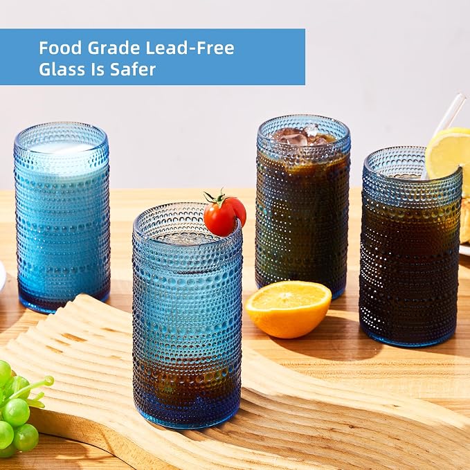 16oz Hobnail Drinking Glasses, Set of 6 Blue Tumblers | Vintage embossed large capacity highball glasses for water, cocktail, beer, whiskey, juice and bar use
