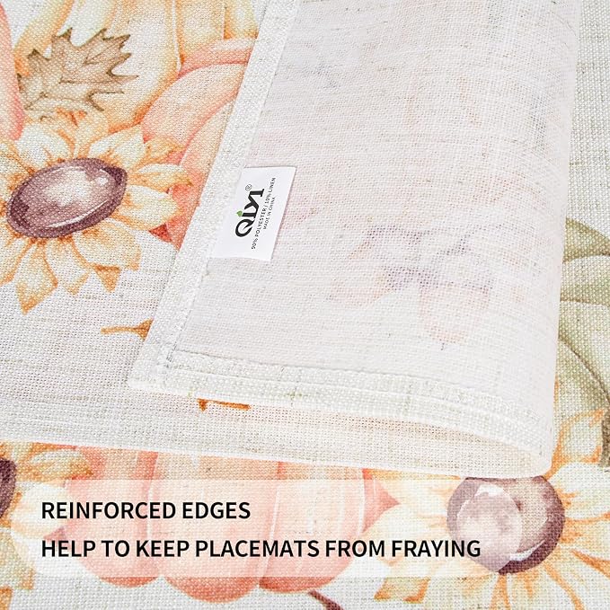 QIYI Table Placemats Set of 4, 12"x18" Linen Place Mats, Pumpkin Harvest | Boho Fabric Place Mats for Kitchen Dinning, Farmhouse Rustic Cloth Table Mats, Washable Placemat Party Table Décor