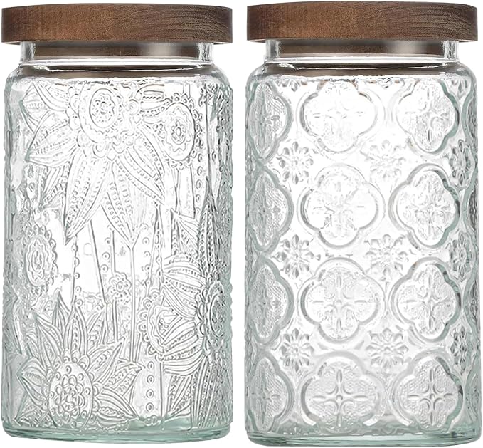 Vintage Glass Jar with Lid Airtight Candy Coffee Canister Food Storage Set | 34oz Decorative Container Set with Silicone-Sealed Bamboo Lid, Thick Glass BPA-Free, for Kitchen Stores Sugar Flour-2 Pack