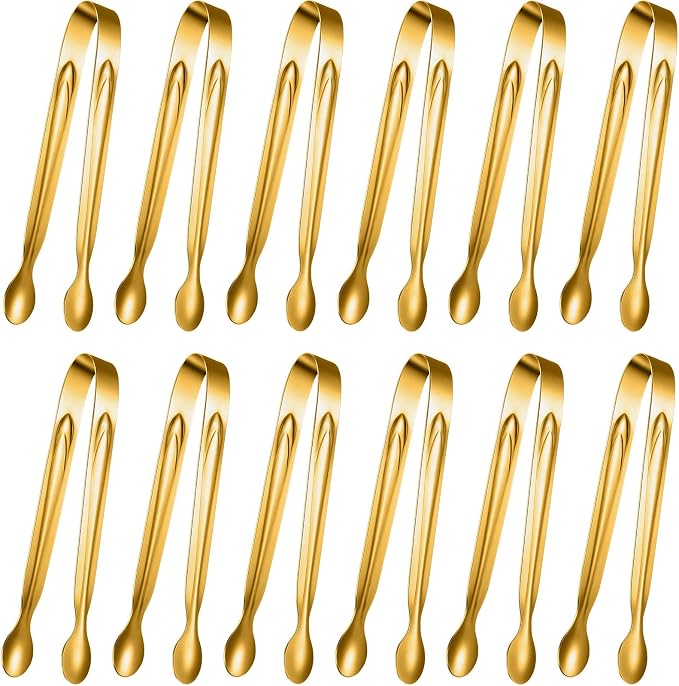 Gejoy 12 Pieces Mini Tongs Stainless Steel Small Sugar Serving Tongs for Charcuterie Board Appetizers Dessert Serving Food Tiny Party Danish Candy(6 Inch,Gold) | Silicone Tip Tongs for Party Serving, Sugar Candy Appetizers Dessert, Safe Grip Small Uten...