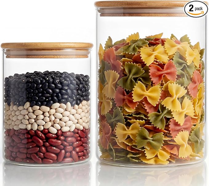Large Glass Storage Containers with Bamboo Lids for Flour & Sugar, 2 Pack | Airtight Pantry Jar for Flour, Sugar & Rice, Durable Borosilicate Glass Canisters Keep Food Dry & Fresh, Easy to Fill & Clean