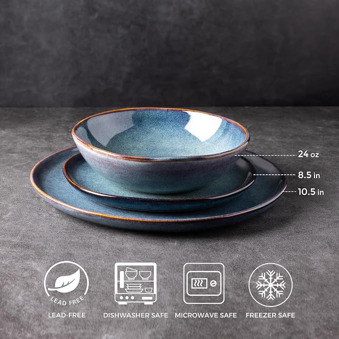 AmorArc Ceramic Dinnerware Sets for 8, 24Pcs Plates and Bowls Sets Dishes | Stoneware Handmade Reactive Glaze Dinner Set, Highly Scratch Resistant | Dishwasher & Microwave Safe Dishware