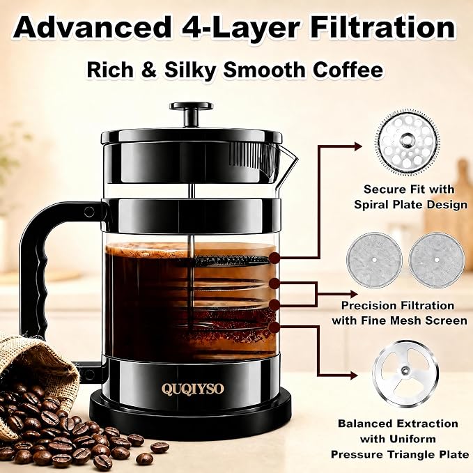 QUQIYSO French Press Coffee Maker 51oz, Large French Press, Thickened Glass | Borosilicate Glass Plastic Free Coffee Maker, Easy to Clean,4 Filter, Coffee Press Suitable for Kitchen Party(Dark Pewter)