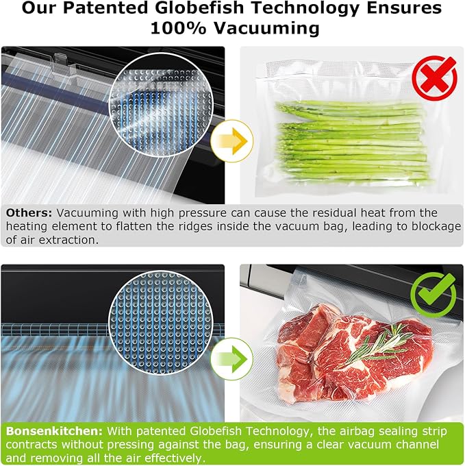 Bonsenkitchen Vacuum Sealer Machine with Globefish Technology, Low-Noise | Powerful Food Vacuum Sealer, High-Speed Continuous Working, Built-in Cutter & Bag Storage for Food Preservation, Silver