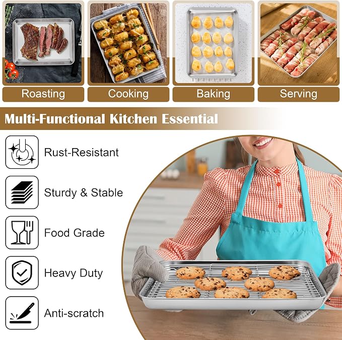 E-far Quarter Baking Sheet with Wire Rack, Stainless Steel 2 Pans + 2 Racks | 12.4 x 9.7 Inch Cookie Sheets Pan & Cooling Rack for Baking Cookies Cake, Non Toxic & Heavy Duty, Oven & Dishwasher Safe